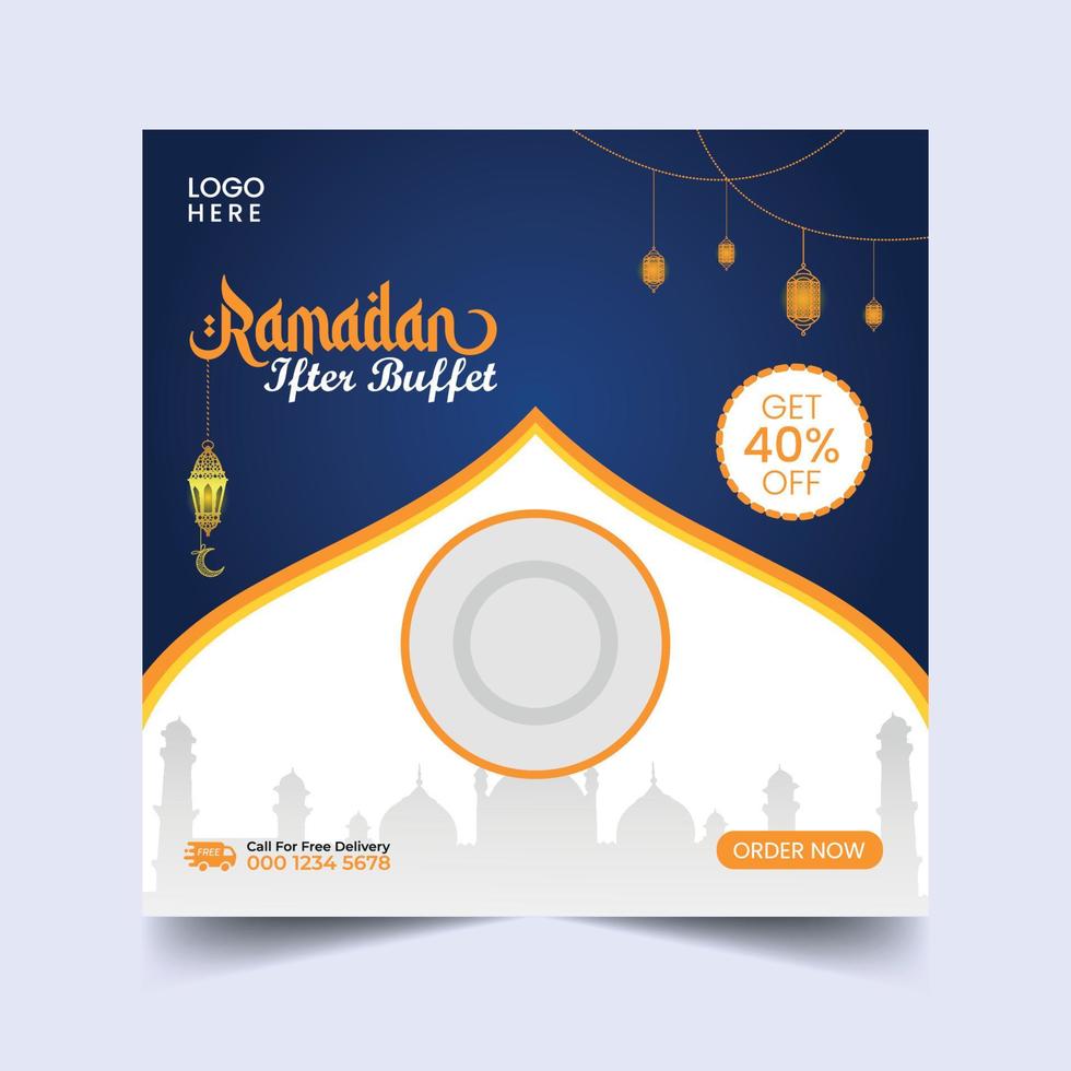 ramadan buffet iftar banner de publicación en redes sociales. banner cuadrado de entrega de alimentos con tema de ramadán con linterna. vector
