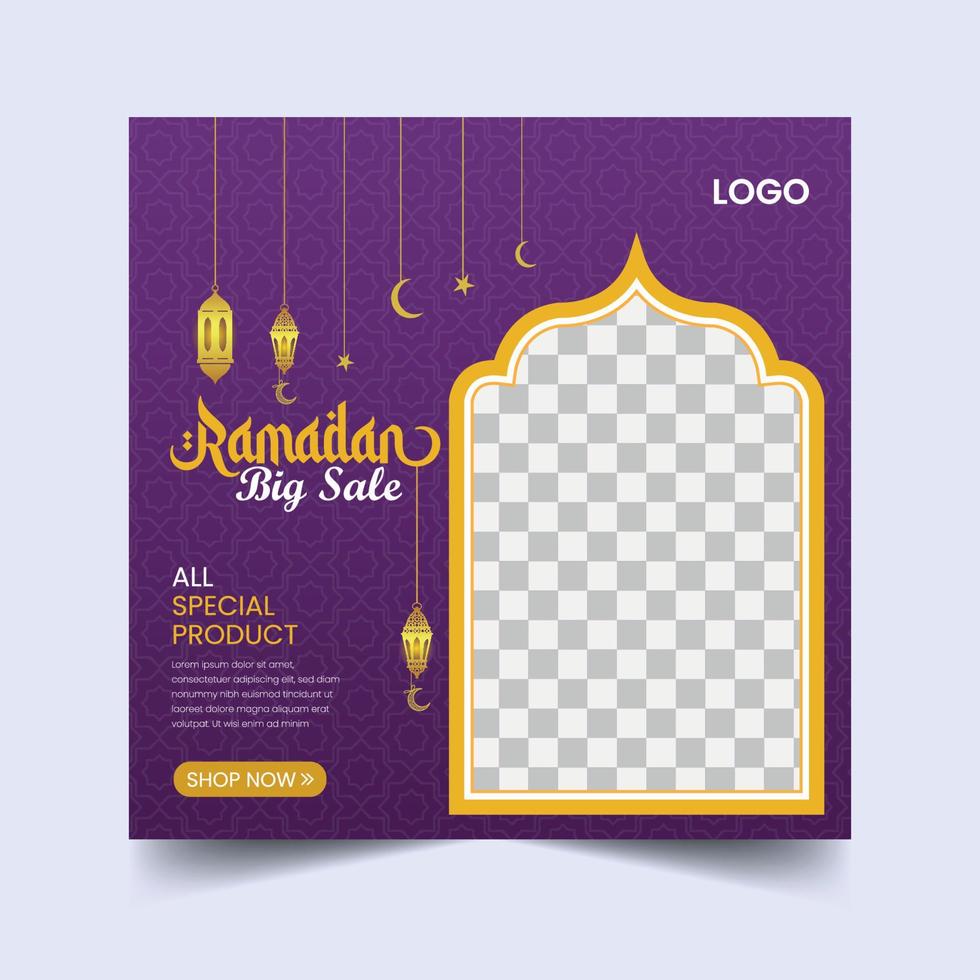 banner de venta de oferta cuadrada de anuncios de ramadán. saludos temáticos de ramadán con linterna, media luna y ventanas islámicas. vector