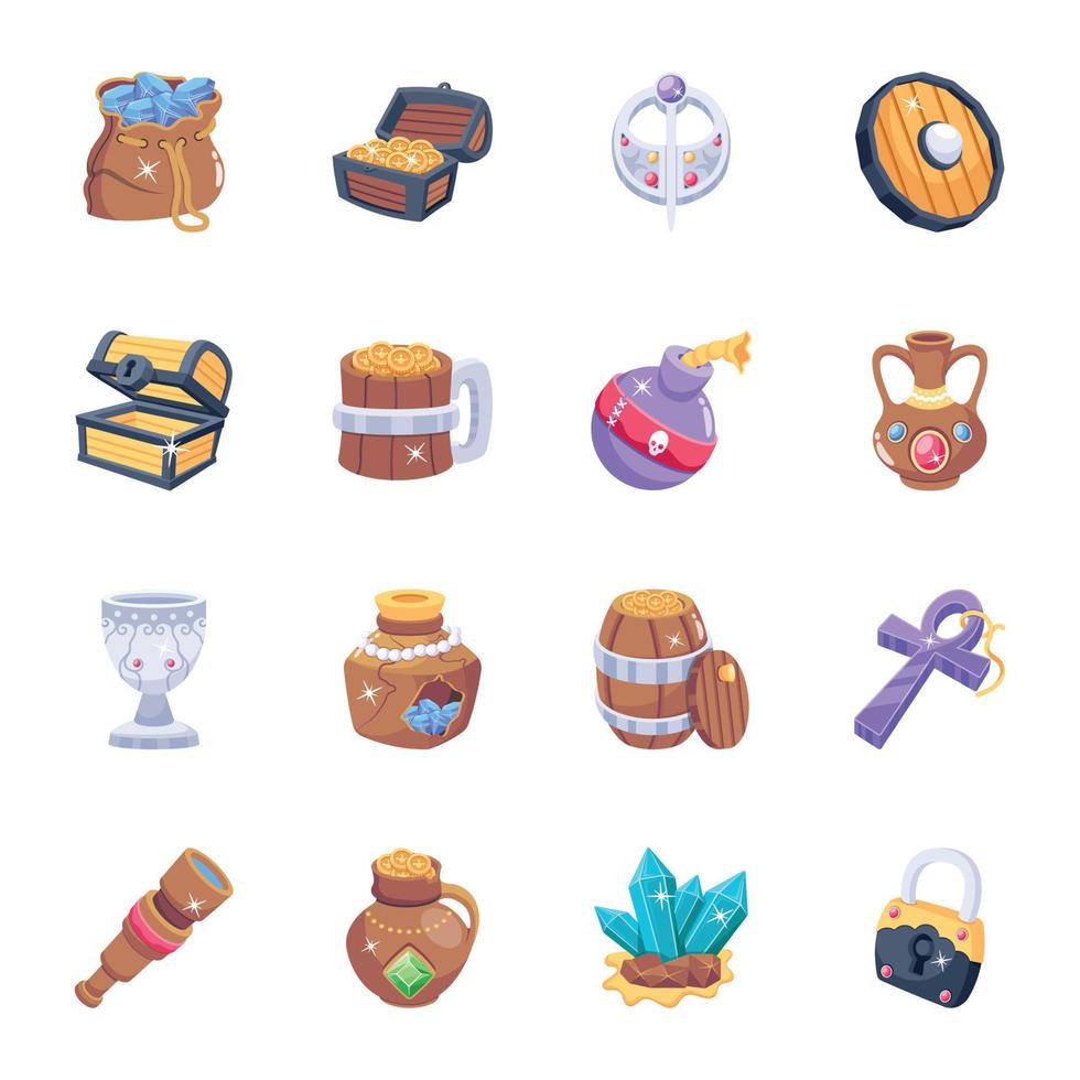 Pack of Treasure Hunting 2D Icons vector