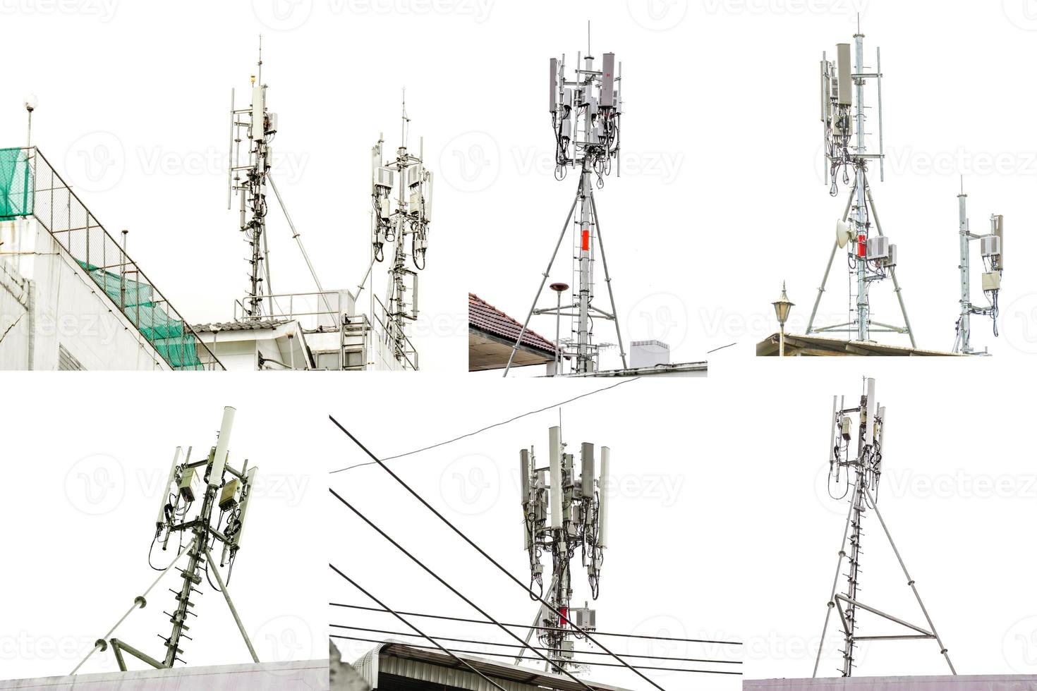 Set of communication tower with antennas on the top of building on white background. photo