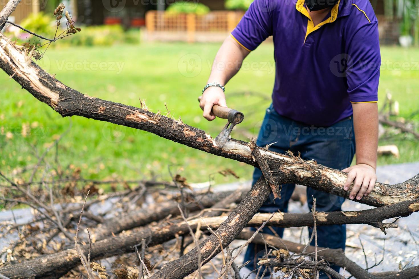 el trabajador asiático hacha los troncos, el árbol muerto en pedazos pequeños para el próximo proceso. foto