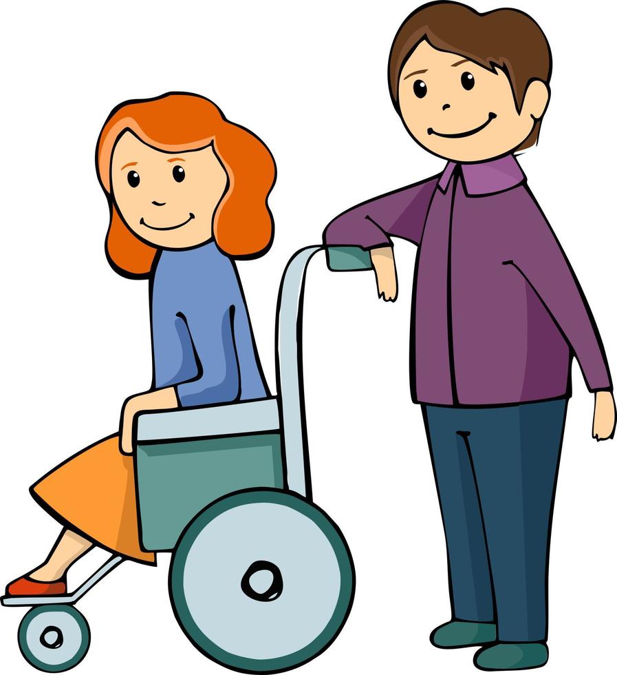 A woman in a wheelchair. The man accompany the patient disabled, they smile. vector