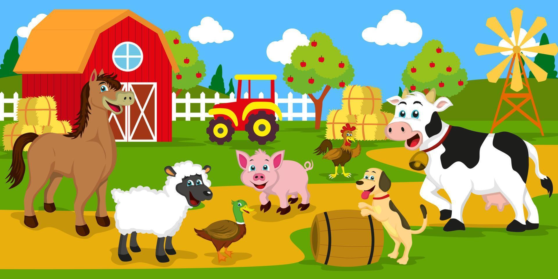 vacas, caballos, perros, pollos, patos, cerdos, ovejas con fondos de granja, vector, editable, adecuado para cómics, ilustraciones, libros para colorear, pegatinas, carteles, sitios web, impresión y más vector
