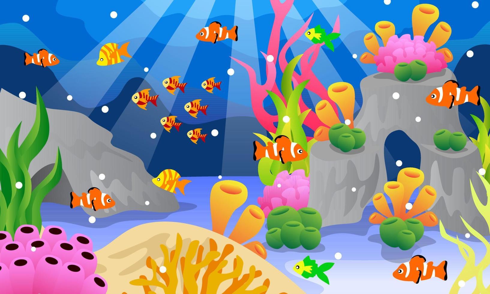 underwater scenery illustrations, vectors, corals, clown fish, algae, marine plants, reef, deep sea, caves, sand, sunlight, children's book illustrations, posters, websites, mobile applications vector