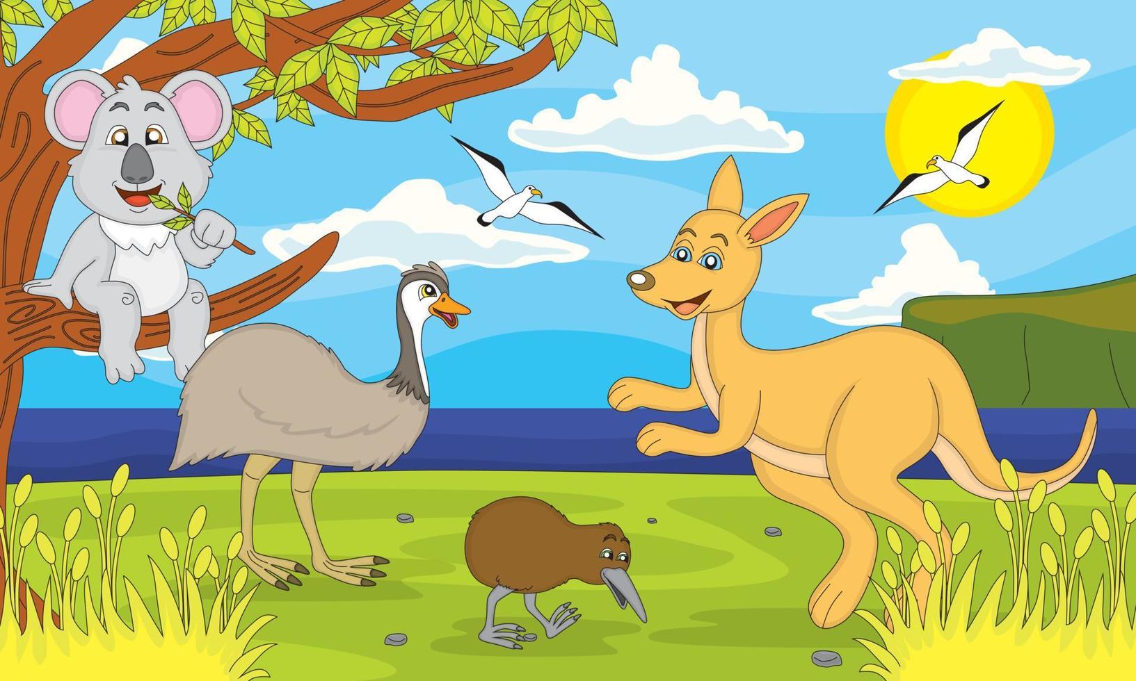 ilustración animal australiana, canguro, koala, emú y kiwi. bueno para libros de cuentos para niños, educación, carteles, impresión, sitios web y más vector