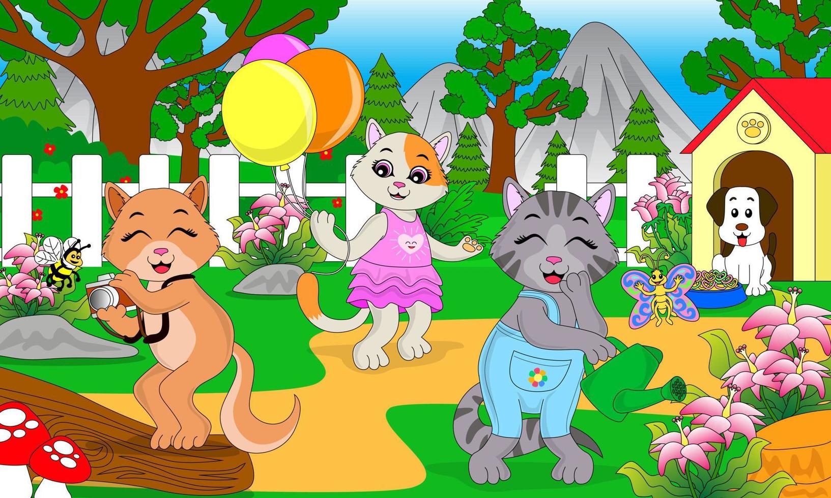 ilustración de una colección de gatos jugando en el parque, llevando globos, fotografías y plantas de agua, ideal para libros de cuentos infantiles, afiches, pegatinas, sitios web, juegos, impresión y más vector