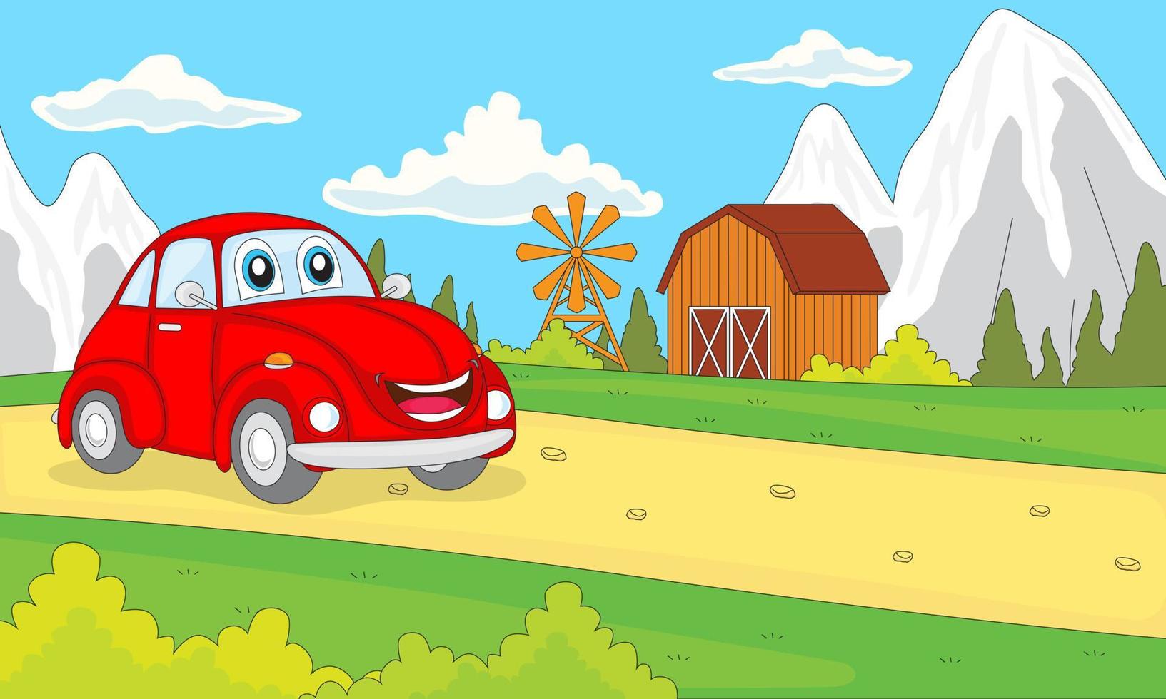 ilustración de viaje de personaje de coche rojo con vista al campo. bueno para libros de cuentos para niños, educación, carteles, impresión, sitios web y más vector