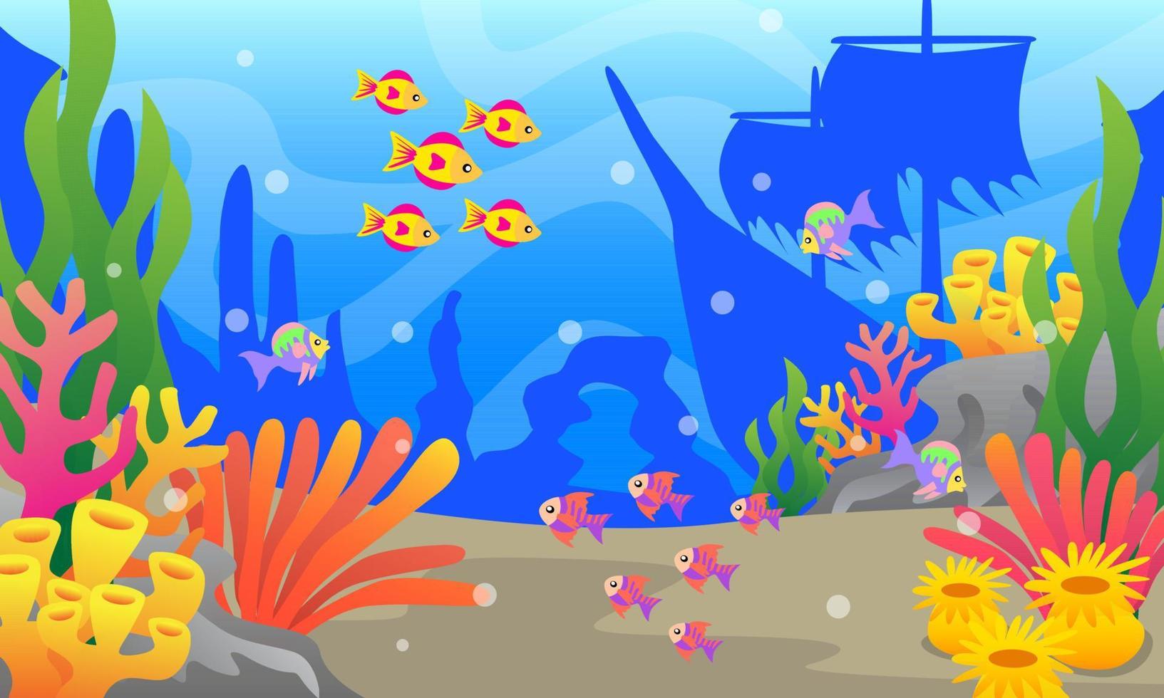 underwater scenery illustrations, colorful fish, corals, reefs, marine plants, deep sea, shipwrecked, children's book illustrations, posters, websites, mobile applications, and more vector