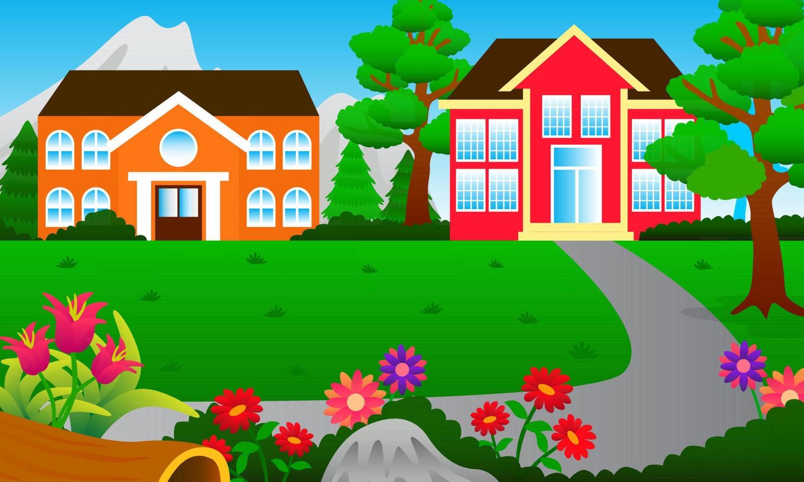 ilustraciones de escuelas y terrenos escolares, montañas y colinas, árboles, jardines, flores, caminos, edificios escolares, ilustraciones de libros infantiles, carteles, educación, imprenta, sitios web y otros vector