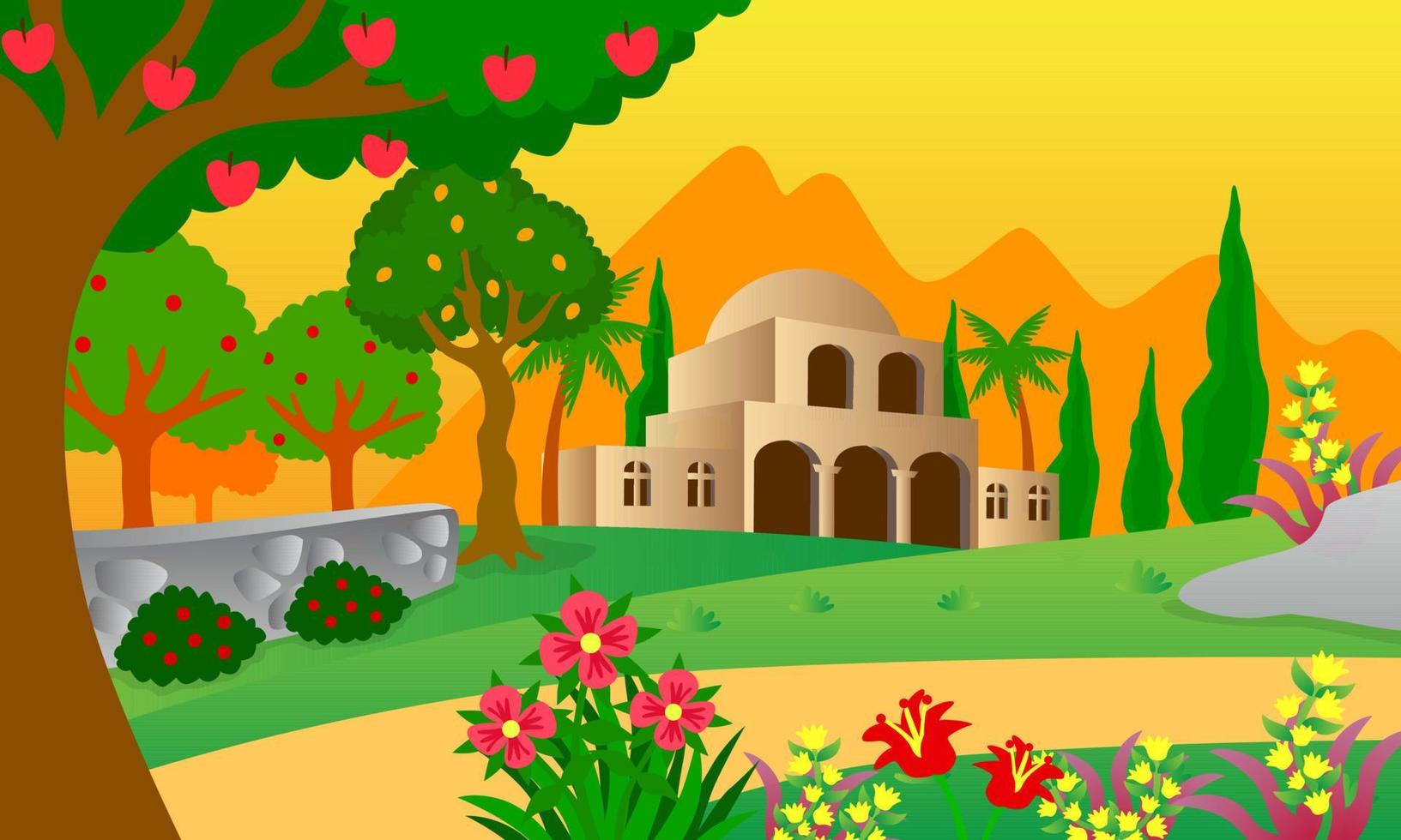 ilustraciones de paisajes de mansiones, puestas de sol, cielos anaranjados, colinas, manzanos, flores, caminos, jardines, ilustraciones de libros infantiles, carteles, sitios web, aplicaciones móviles y más vector