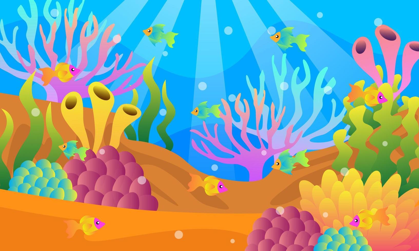 underwater scenery illustrations, vectors, corals, colorful fish, algae, marine plants, deep sea, caves, sand, sunlight, children's book illustrations, posters, websites, mobile applications, and more vector