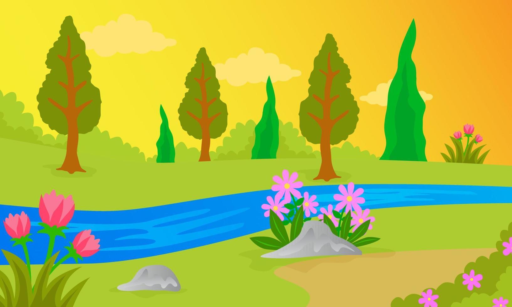 natural scenery illustrations, sunsets, trees, meadows, rocks, flowers, orange skies, clouds, children's book illustrations, posters, websites, mobile applications vector