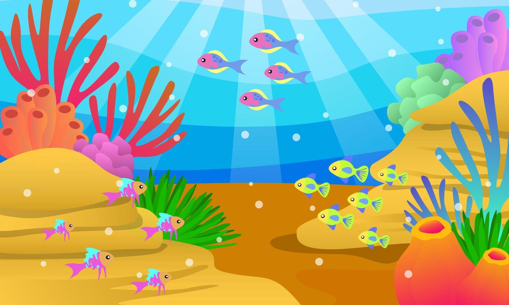 underwater scenery illustrations, vectors, corals, colorful fish, algae, marine plants, deep sea, caves, sand, sunlight, children's book illustrations, posters, websites, mobile applications, and more vector