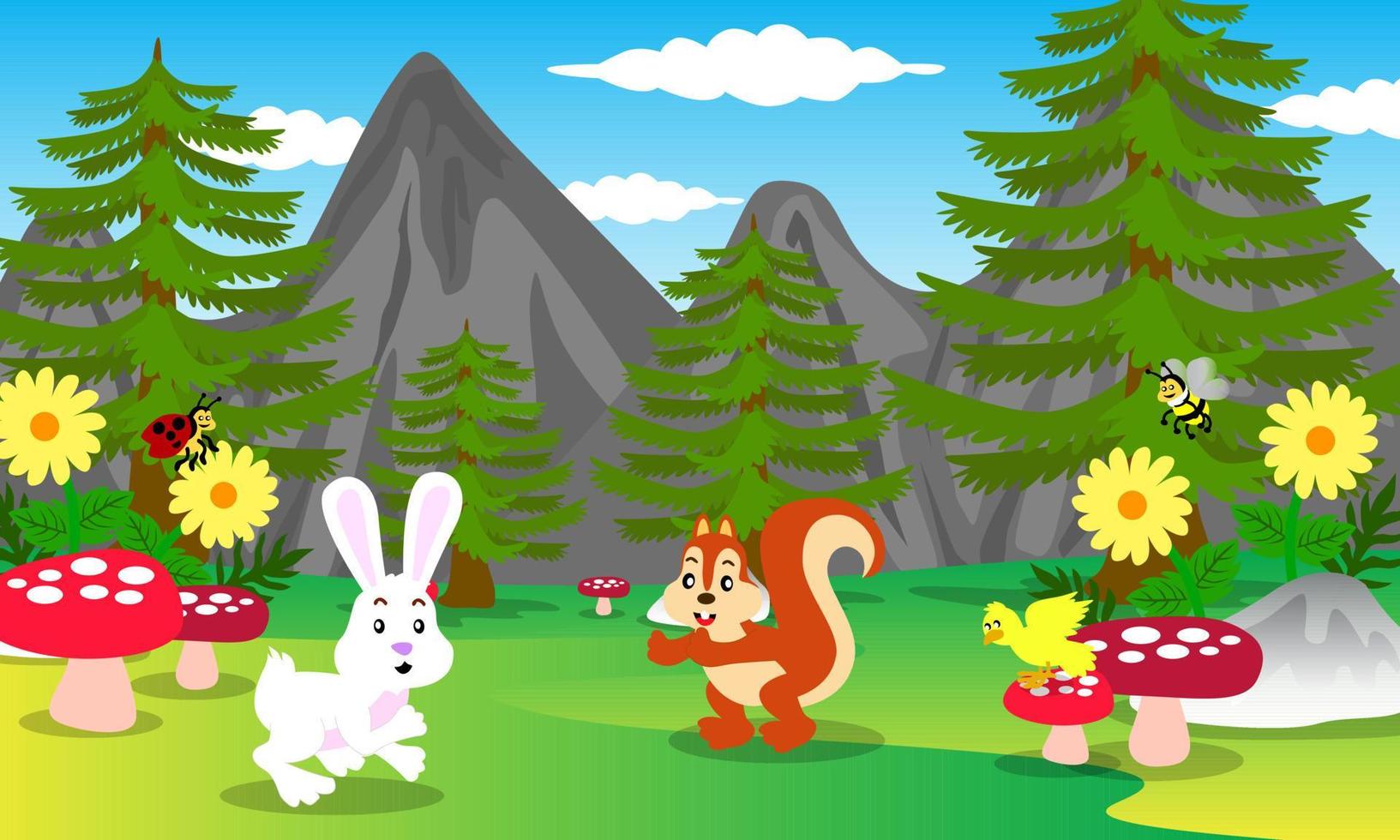 natural landscape illustration, mountains, trees, meadows, rocks, flowers, rabbits, squirrels, beetles, bees, and yellow birds, blue sky white clouds, children's book illustrations, posters, websites vector