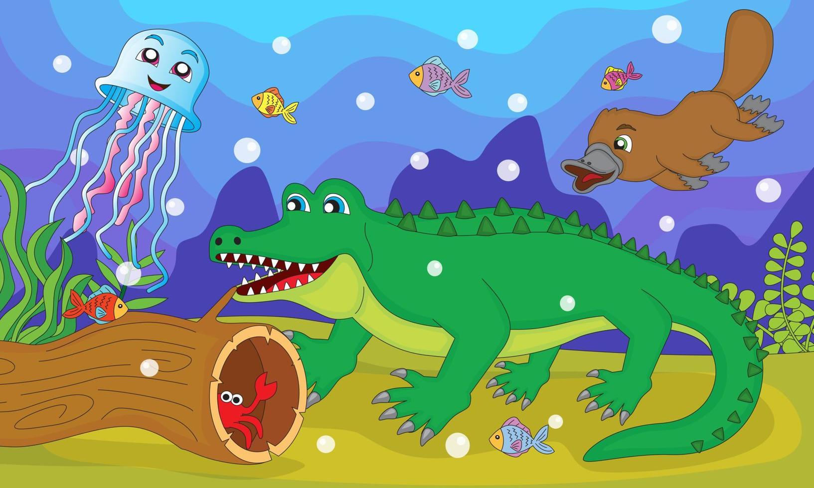 ilustración de cocodrilos, medusas y ornitorrincos con un fondo de vida bajo el río, bueno para libros de cuentos infantiles, educación, carteles, imprenta, sitios web y más vector