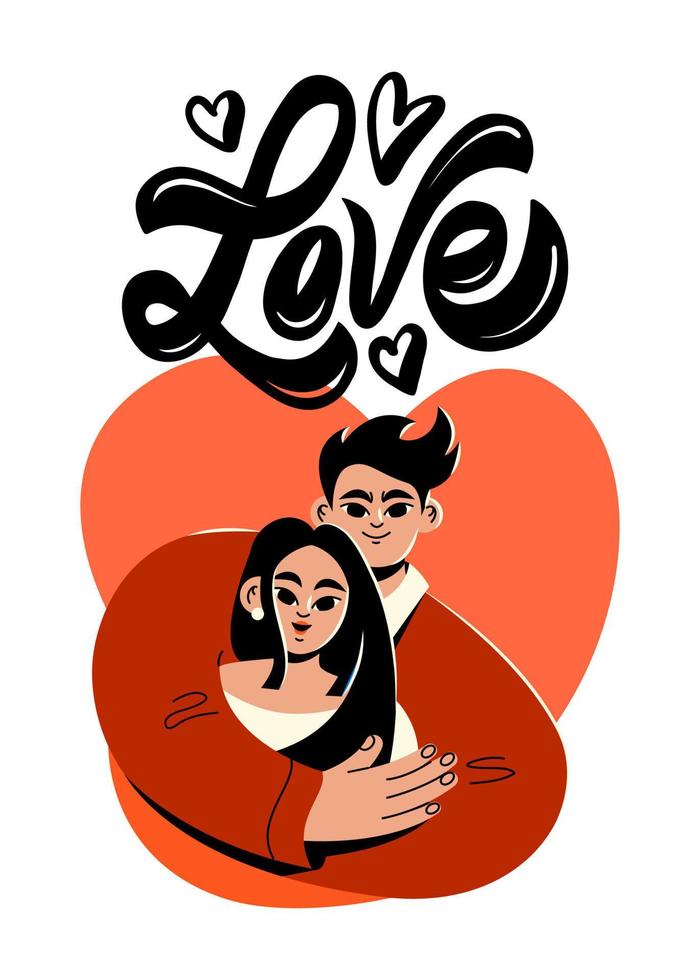 una pareja caucásica de amantes se abraza en el contexto de un corazón rojo. linda tarjeta de san valentin vector