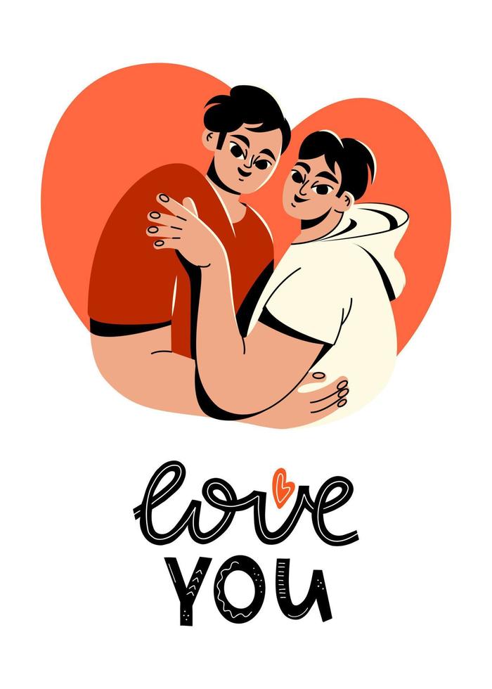 una tarjeta de San Valentín inclusiva. los hombres lgbt se abrazan. una linda tarjeta con un corazón. bellos novios vector