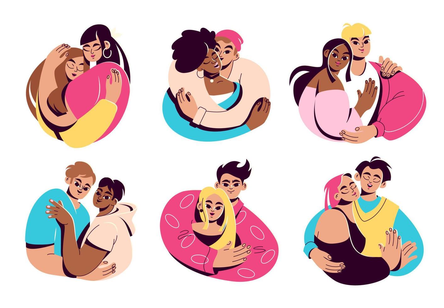 A set of couples in love. Men and women embrace. Hugs of friends. Inclusive and LGBT characters. Valentine's day vector