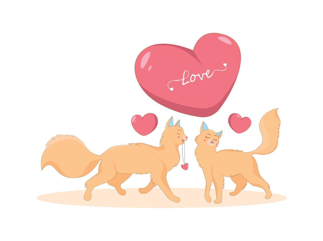 Vector graphics illustration of cute cats and a big heart cat gives a gift to a cat on valentine's day on a white background suitable for stickers cards invitations