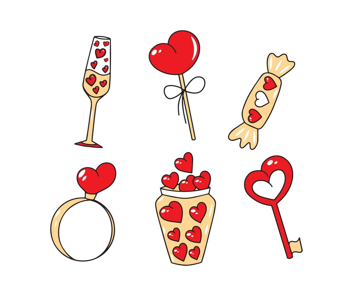 Valentines day vector set love elements goblet lollipop wonfeta gifts hearts valentines stickers icons icons Suitable for party invitation stickers greeting cards posters