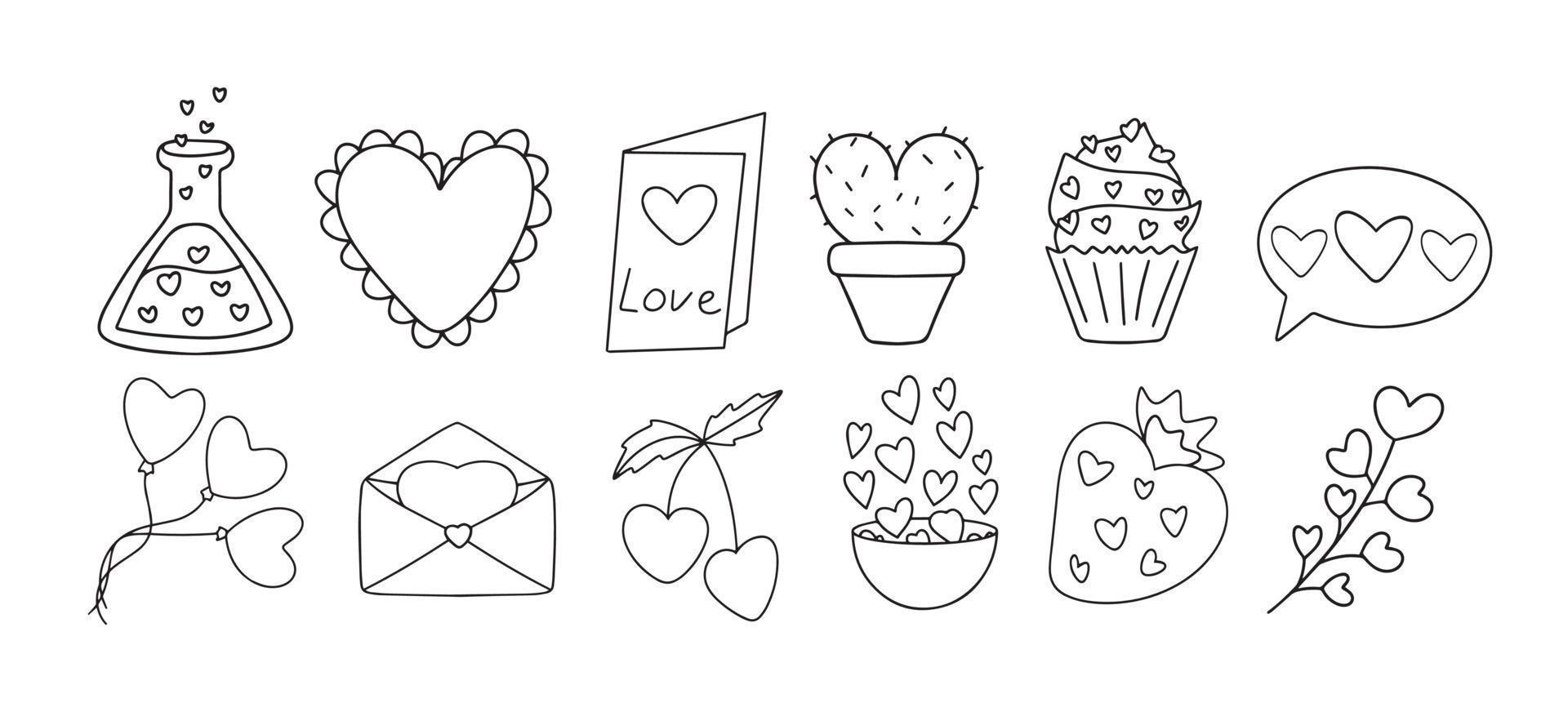 Vector outline line silhouette elements concept icons for valentine's day or wedding, suitable for postcard website poster invitation decoration