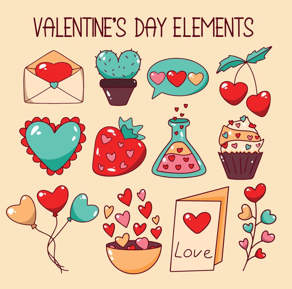 Vector elements bright beautiful red green color on pink background concept beautiful icons stickers badges for valentine's day or wedding suitable for postcard website poster invitation decoration