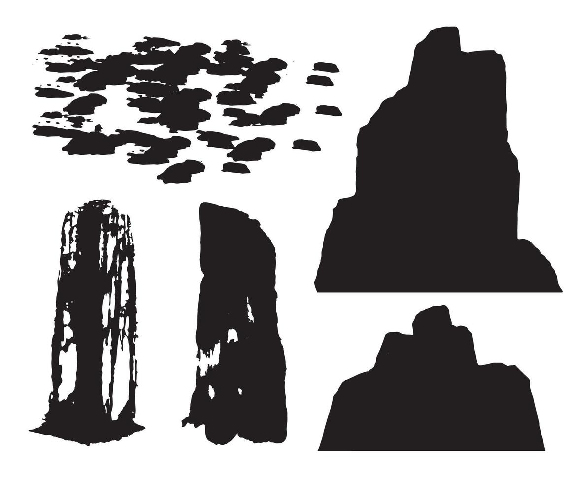 Vector set of drops and splashes of ink. Mountain stones mountains silhouette Artistic dirty grunge abstract scatter Illustration monochrome drip splatter, dirty ink splatter