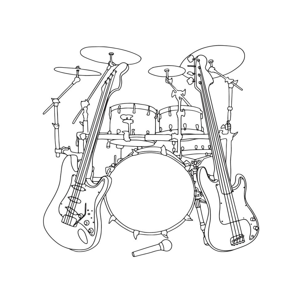 Drum Line Art, Musical Outline Drawing, Guitar Simple Sketch, Music Illustration, Vector graphic