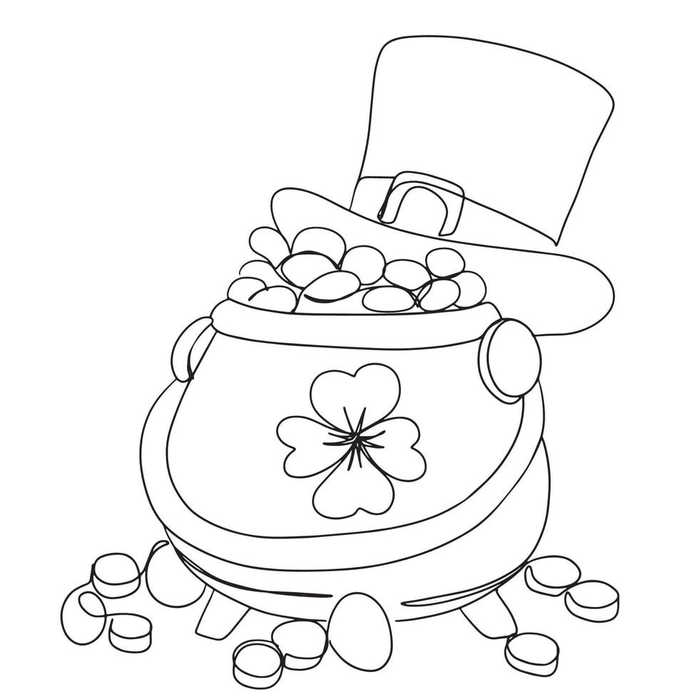 Pot Of Gold Line Art, St Patricks Day Outline Drawing, Lucky Charm Sketch, Irish Holiday vector