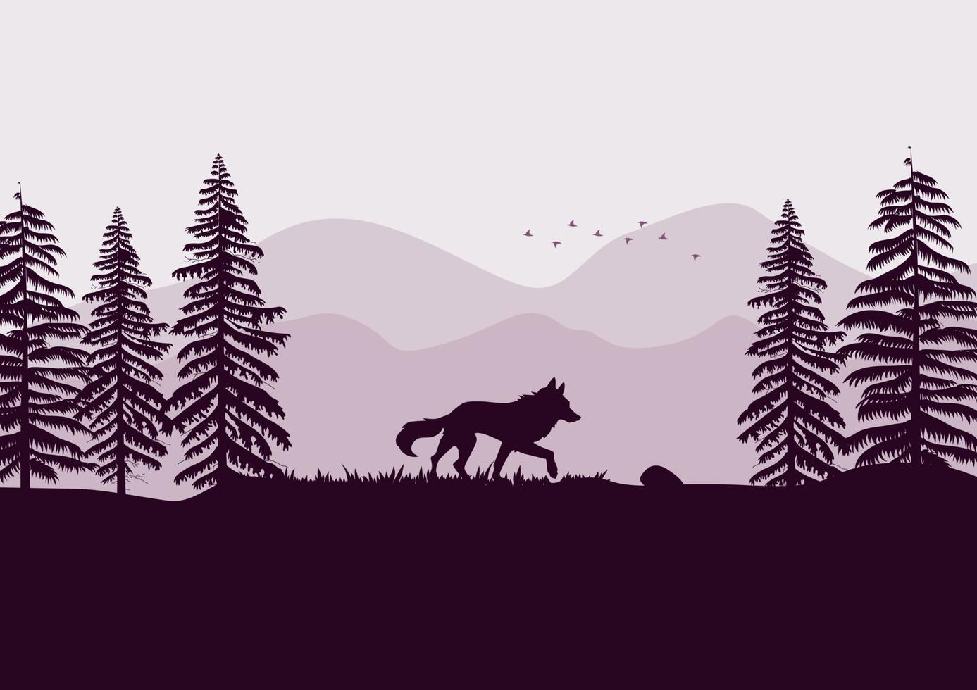 Silhouette of a wolf in the forest. Vector illustration.