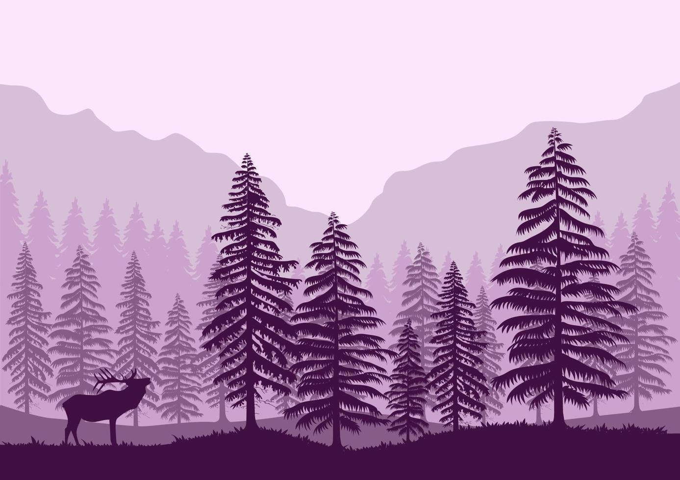 forest landscape and deer vector illustration with a purple silhouette