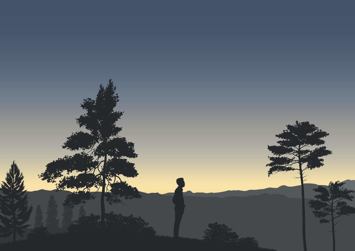 Silhouette of a person standing in the forest at sunset. vector