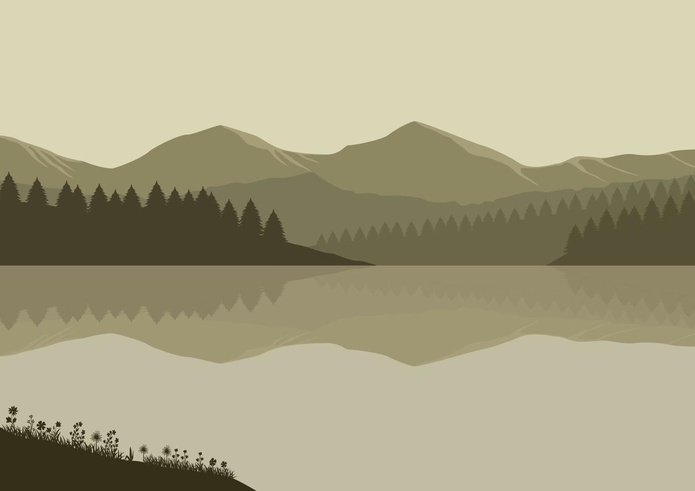 Mountains landscape with lake and forest silhouettes. Vector illustration.