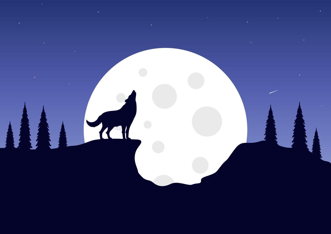 Silhouette of a wolf in the background of the full moon. Vector illustration