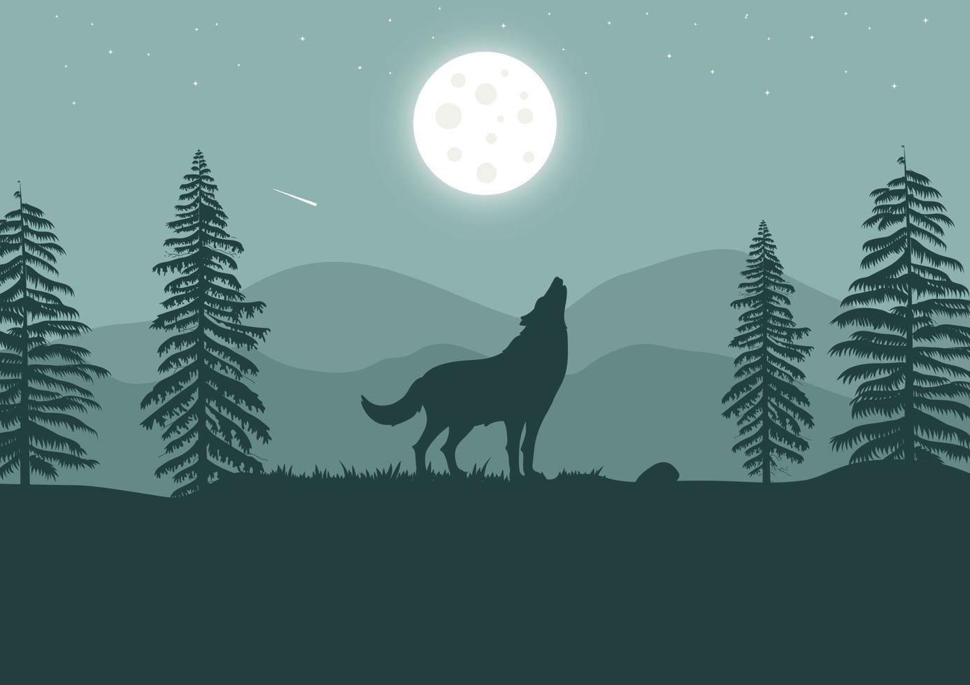 Wolf in the forest at night with a full moon. Vector illustration.