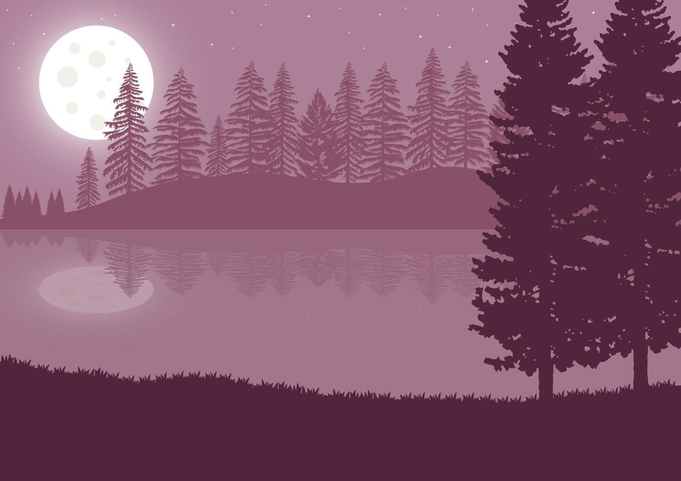 Night landscape with lake, coniferous forest, and moon. Vector illustration.