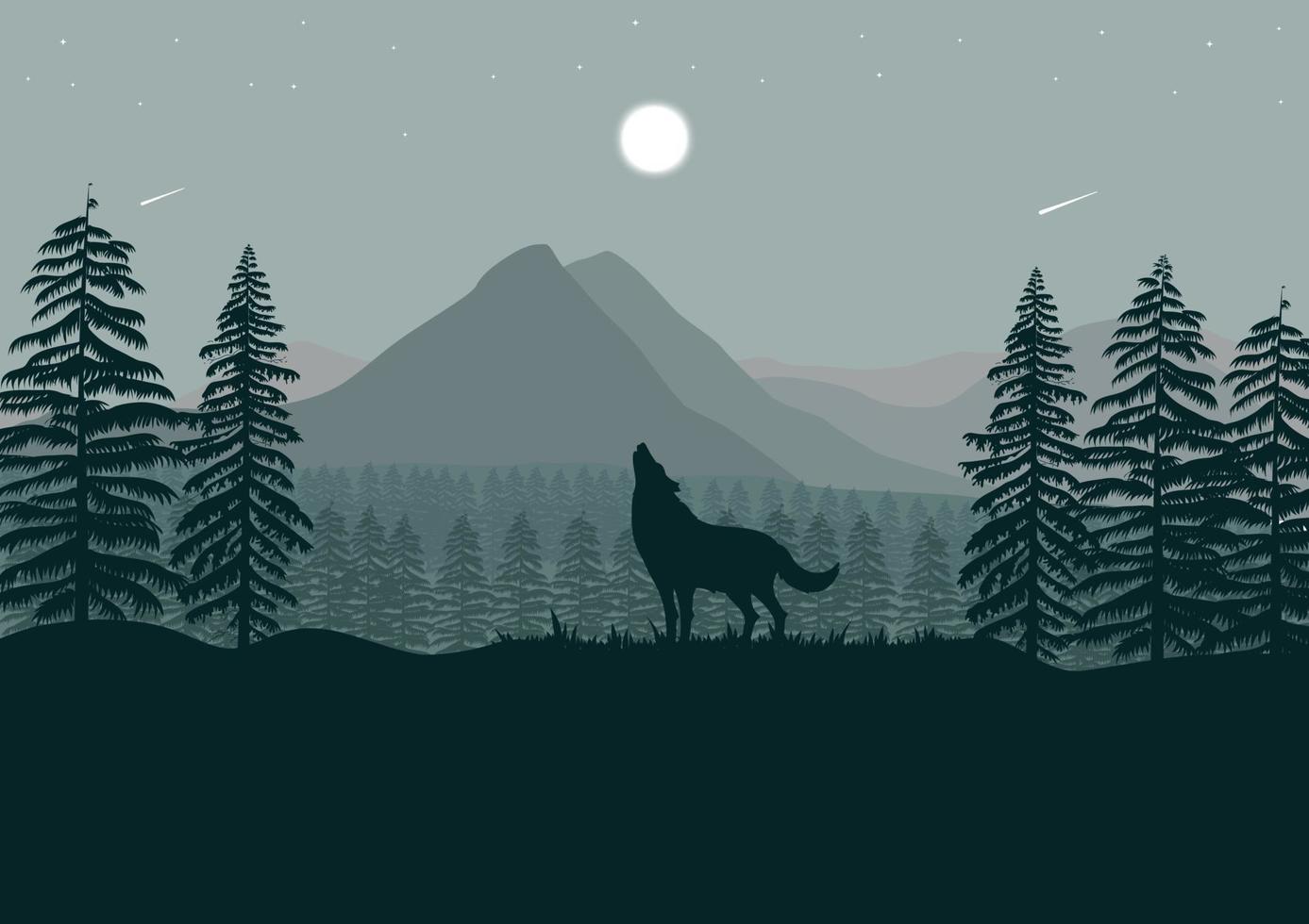 wolf and mountains landscape with full moon at night vector illustration