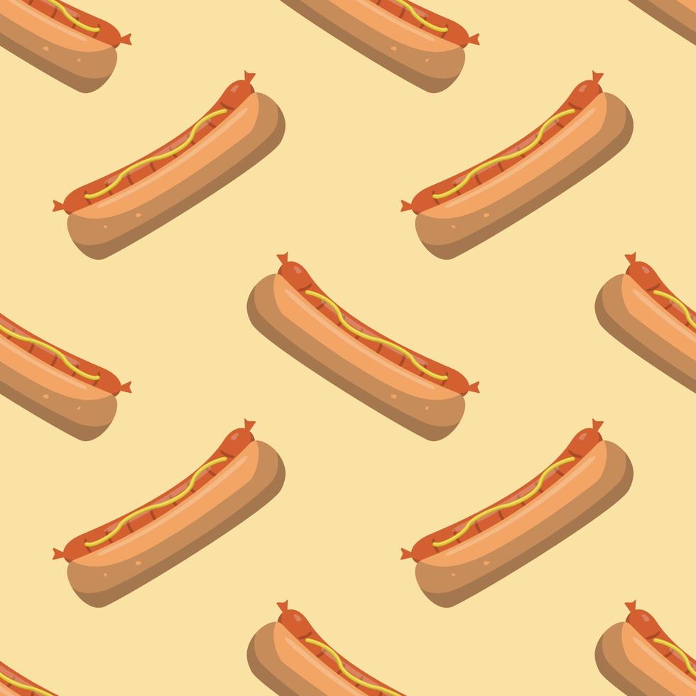 Hot dogs with sausage and mustard sauce seamless pattern on a colored background. Vector flat illustration. Design for wallpaper, textiles, and backdrop.