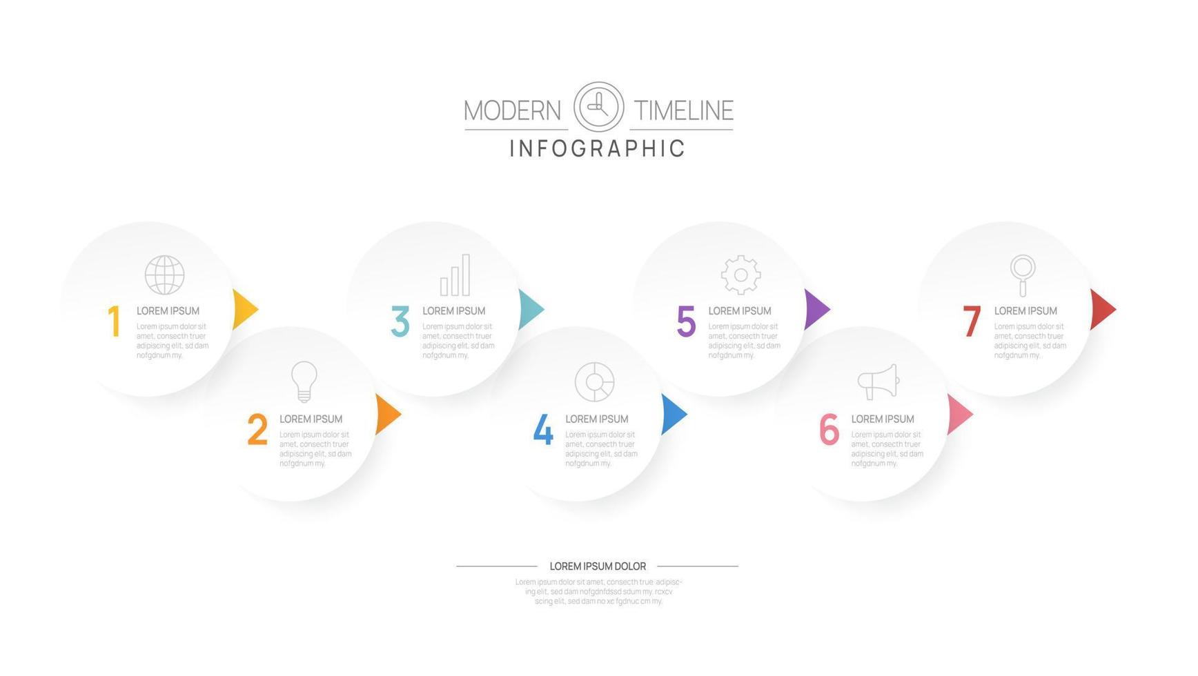 plantilla de diagrama de línea de tiempo de infografía para negocios. Hoja de ruta moderna de 7 pasos con temas circulares, para infografías vectoriales, diagramas de flujo, presentaciones. vector