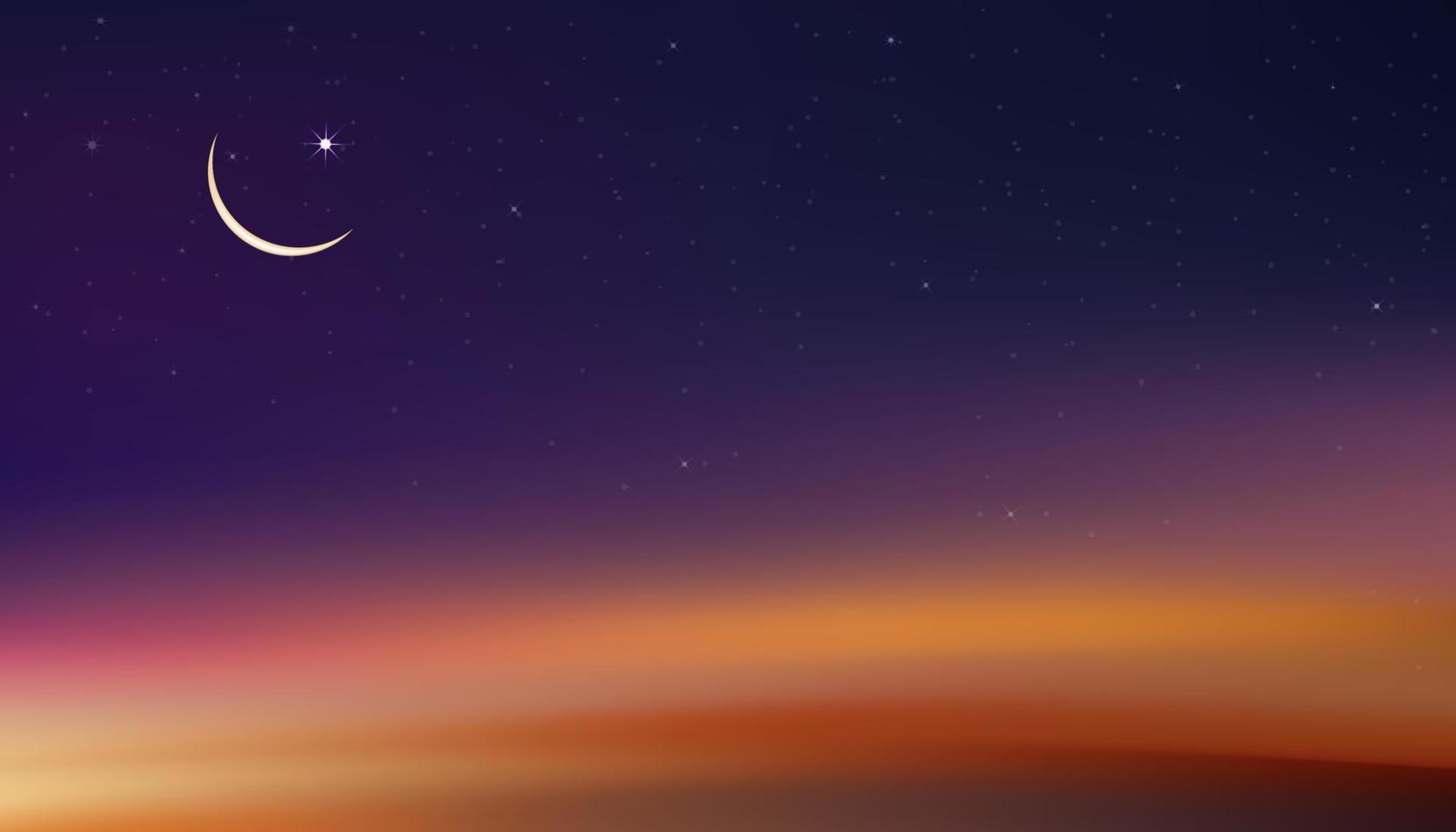 tarjeta de ramadán kareem, fondo de diseño de saludo islámico con luna creciente sobre fondo colorido del cielo del atardecer, religiones vectoriales simbólicas de musulmanes para ramadán kareem, eid mubarak, eid al adha.eid al fitr vector