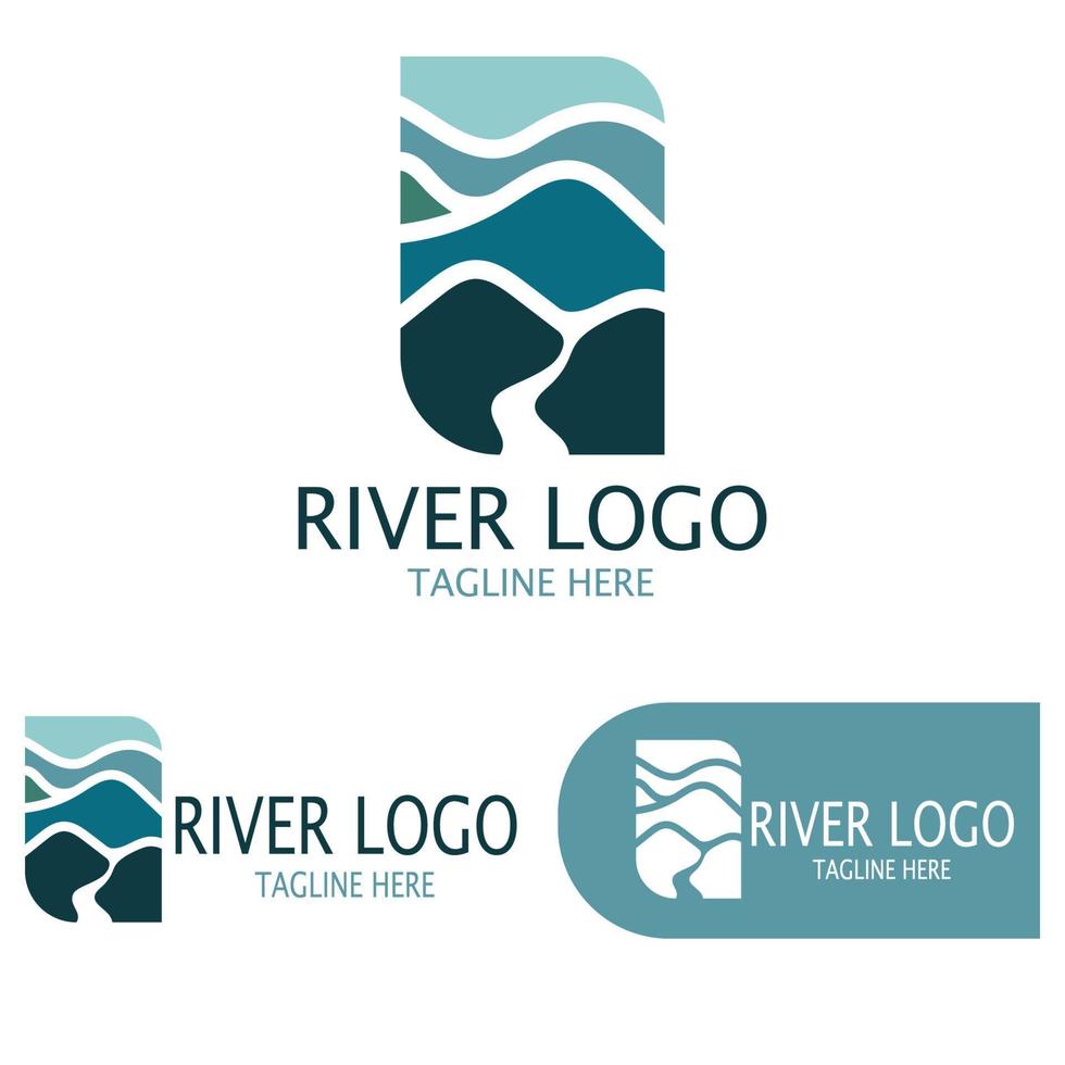 Logos of rivers, creeks, riverbanks and streams, tributaries, riverbanks with a combination of mountains and agricultural land with a modern and simple minimalist vector design concept