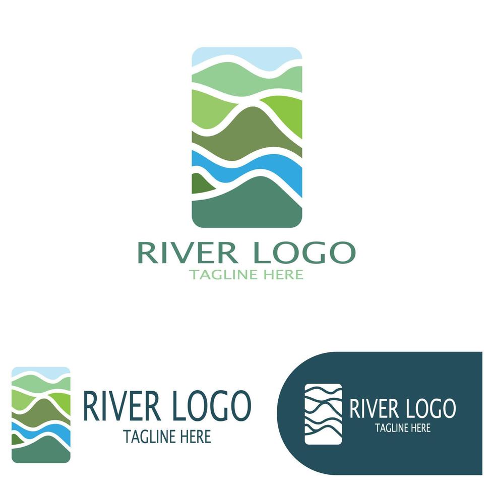 logotipos de ríos, riachuelos, riberas y arroyos, afluentes, riberas con una combinación de montañas y tierras agrícolas con un concepto de diseño vectorial moderno y minimalista vector