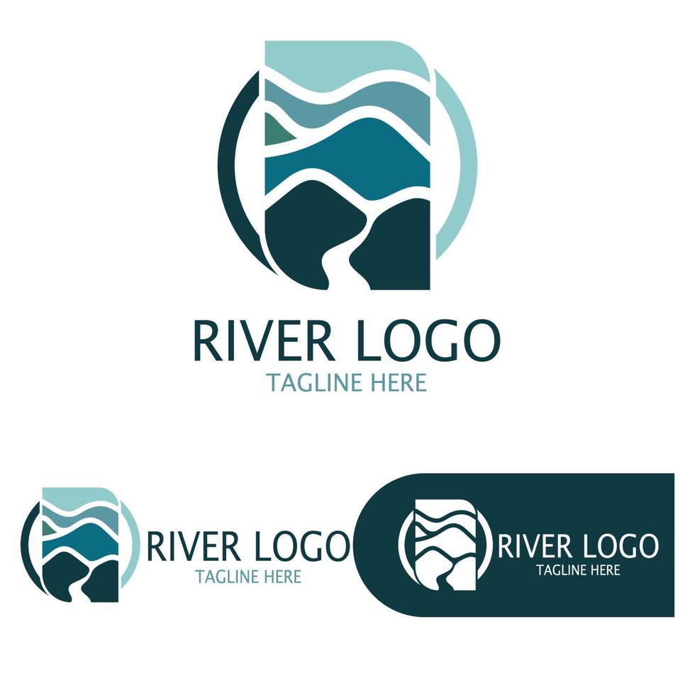 Logos of rivers, creeks, riverbanks and streams, tributaries, riverbanks with a combination of mountains and agricultural land with a modern and simple minimalist vector design concept
