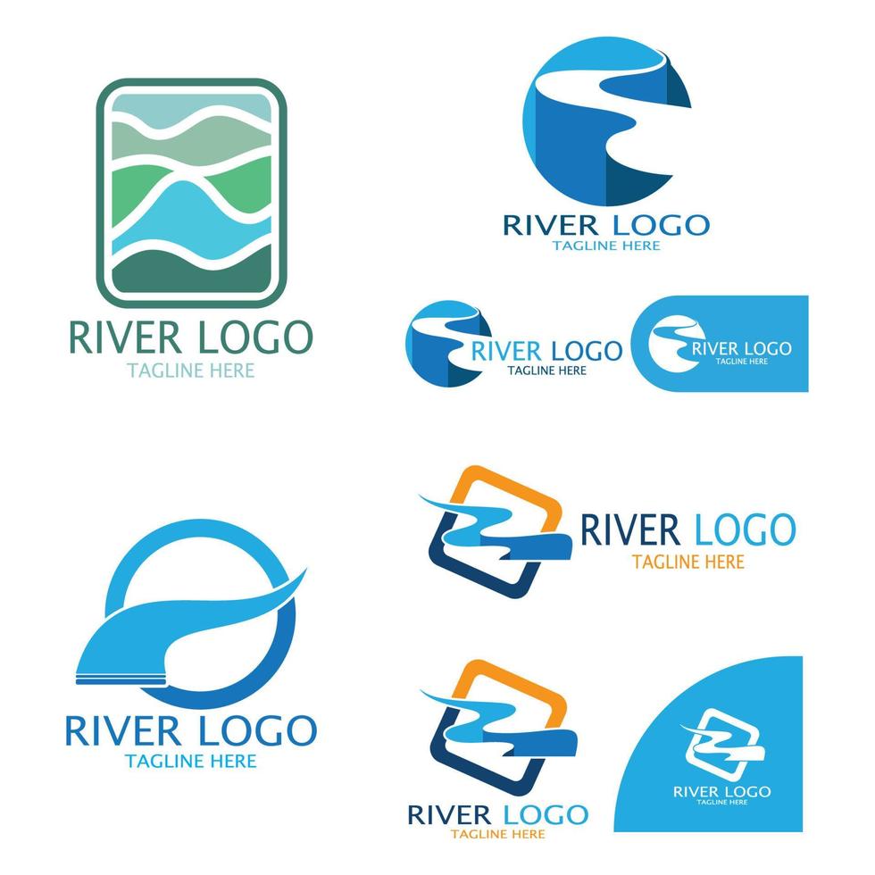 logotipos de ríos, riachuelos, riberas y arroyos, afluentes, riberas con una combinación de montañas y tierras agrícolas con un concepto de diseño vectorial moderno y minimalista vector