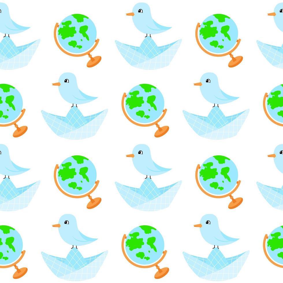 Cartoon dove bird on a boat. Cute seamless pattern illustration, travelling concept. vector
