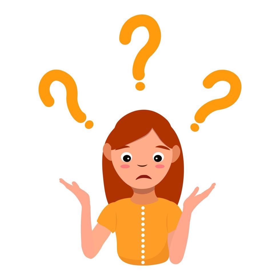 Confused woman face. Simple flat vector illustration of question dilemma  problem concept, isolated on white cartoon character, business asking  analysis mark. 18814638 Vector Art at Vecteezy
