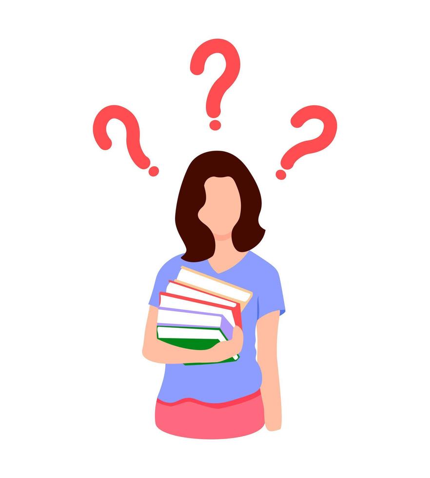 Confused woman face. Simple flat vector illustration of question dilemma problem concept, isolated on white cartoon character, business asking analysis mark.