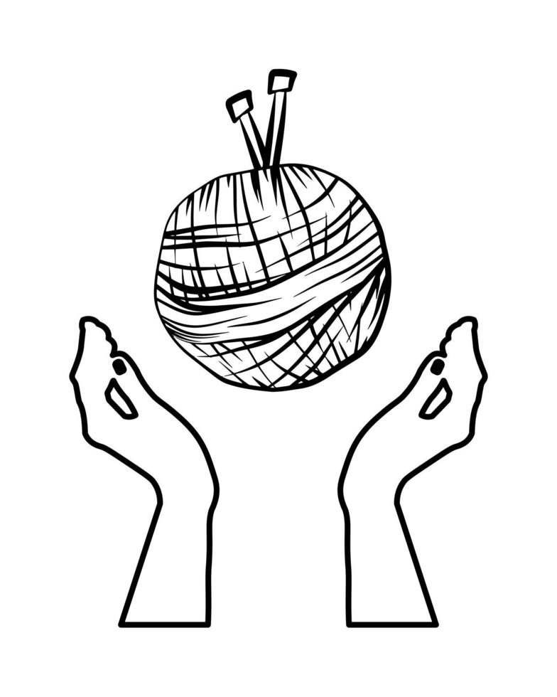 Hands holding yarn ball. Knitting concept. Doodle linear hand drawn label. vector