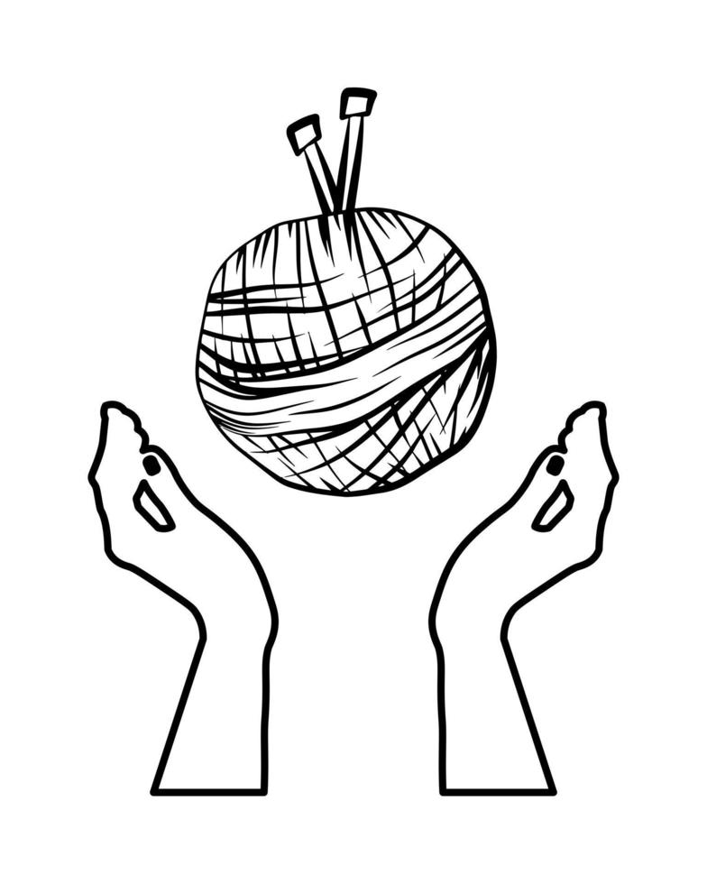 Hands holding yarn ball. Knitting concept. Doodle linear hand drawn label. vector