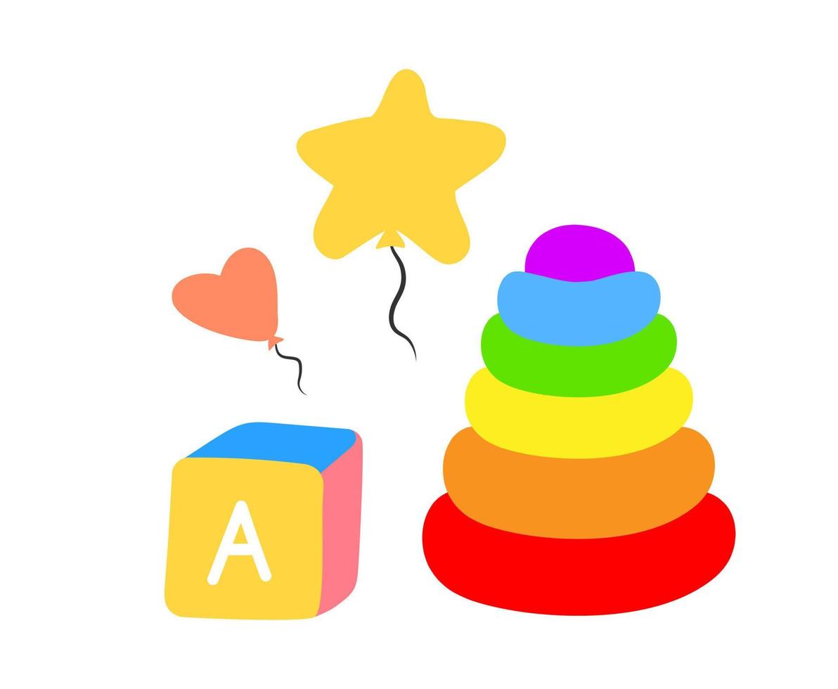juego de juguetes para bebés en edad preescolar. juegos de niños de colores planos vectoriales. ladrillo de cubo, pirámide de arco iris, globos de aire. vector